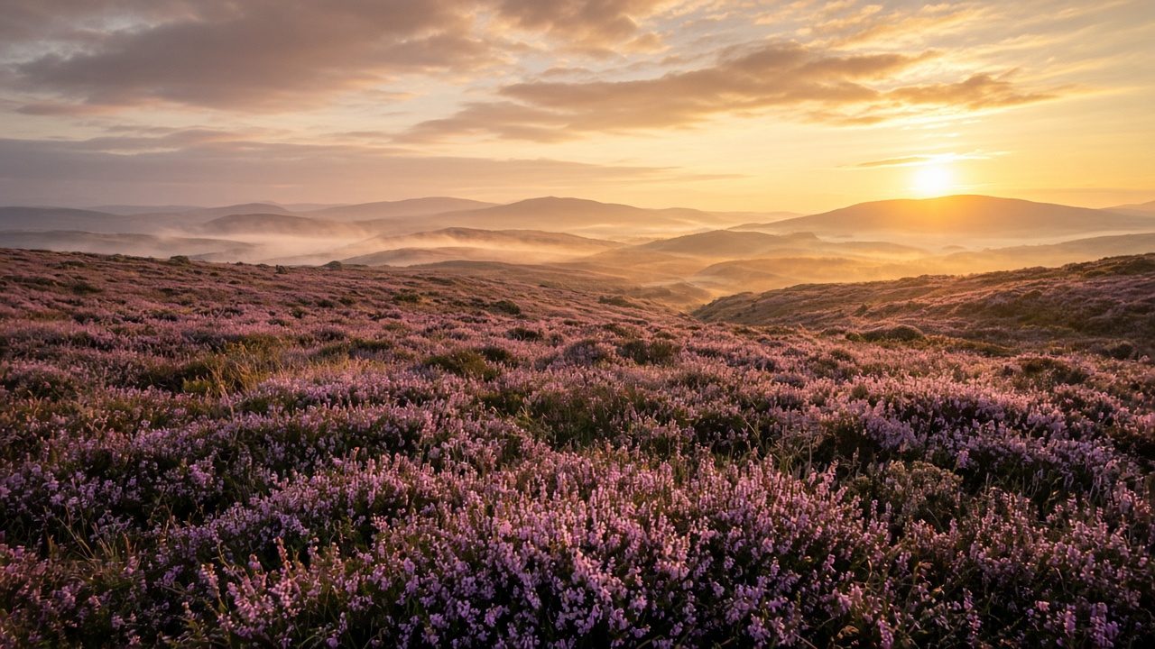 Heather covered Scottish hills at sunrise